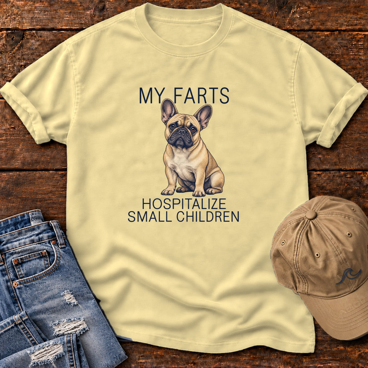 My Farts Hospitalize Small Children Frenchie T-Shirt in Butter, Salty Paws Comfort Colors T-Shirt, front design flat lay