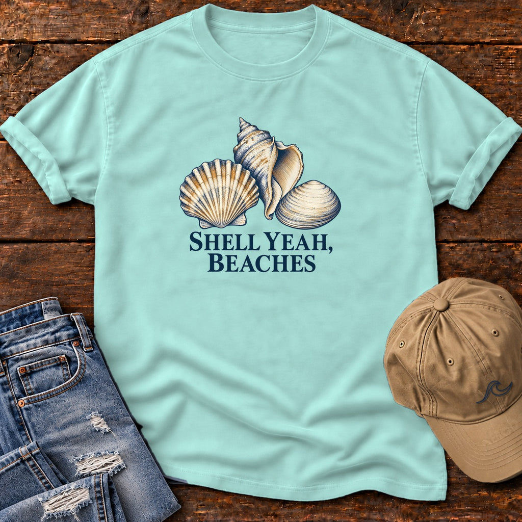 Shell Yeah Beaches T-Shirt in Chalky Mint, Salty Paws Comfort Colors T-Shirt, front design flat lay