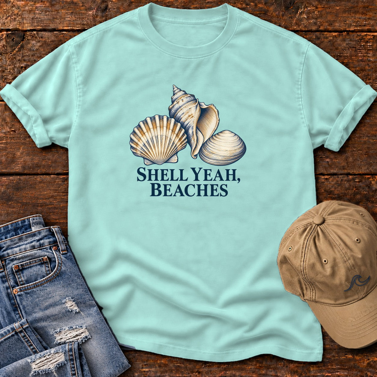 Shell Yeah Beaches T-Shirt in Chalky Mint, Salty Paws Comfort Colors T-Shirt, front design flat lay