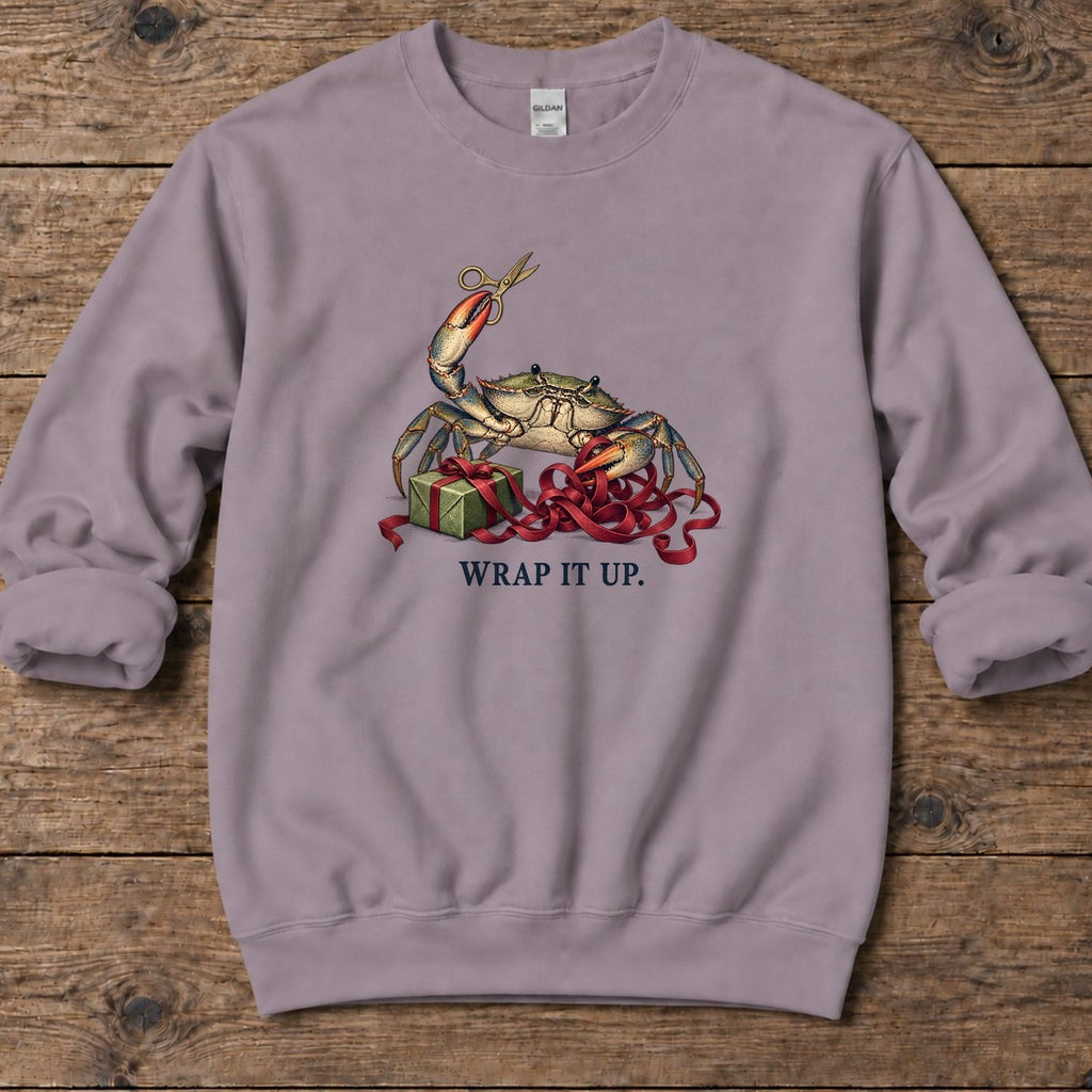 Wrap It Up Crab Midweight Sweatshirt in Paragon, Salty Paws Midweight Sweatshirt, front design flat lay