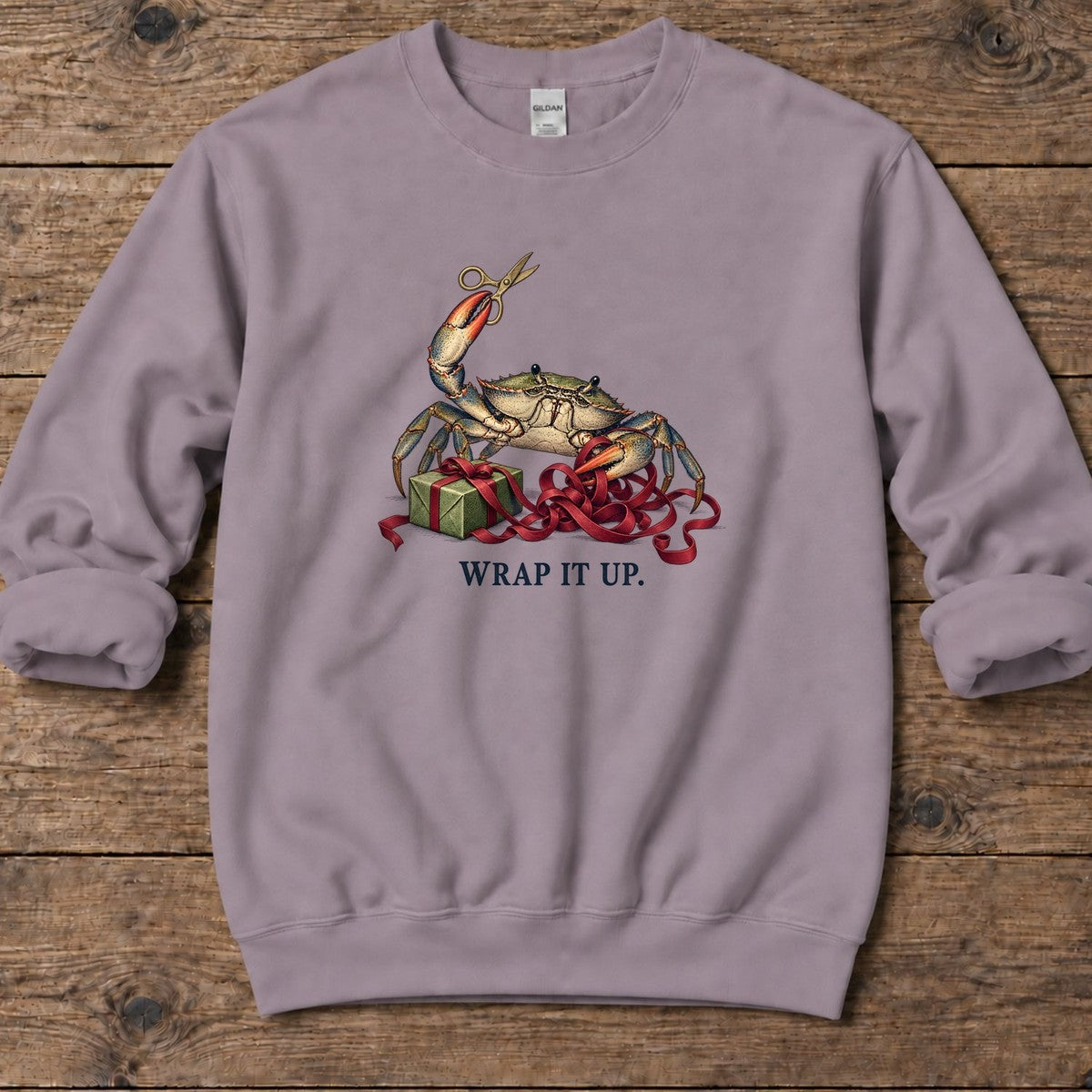 Wrap It Up Crab Midweight Sweatshirt in Paragon, Salty Paws Midweight Sweatshirt, front design flat lay