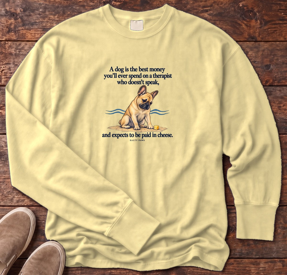 Paid in Cheese French Bulldog Long Sleeve Tee in Butter, Salty Paws Comfort Colors Long Sleeve Tee, front design flat lay