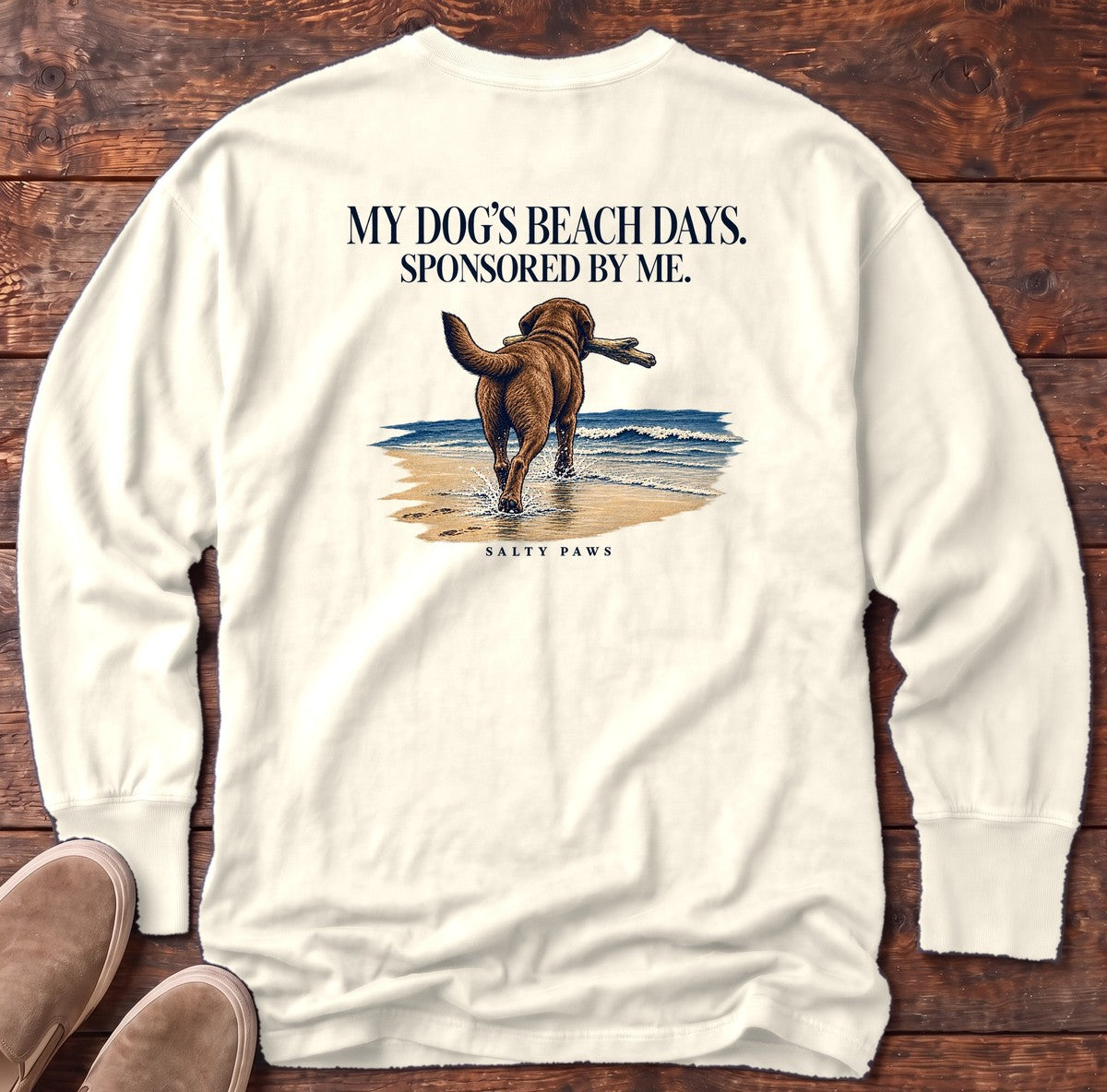 Beach Days Sponsored by Me Chocolate Lab Back Design Long Sleeve Tee in Ivory, Salty Paws Comfort Colors Long Sleeve Tee, back design flat lay