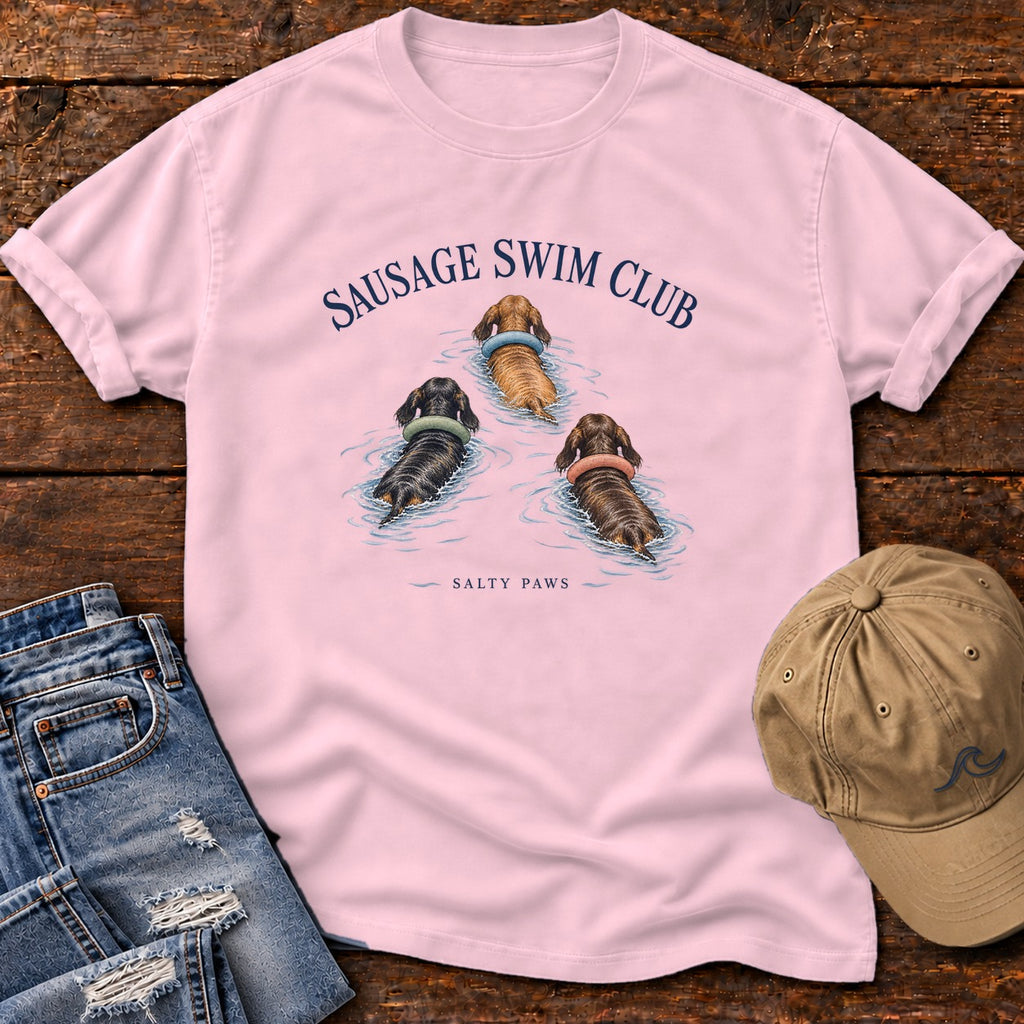 Sausage Swim Club Dachshund Trio T-Shirt in Blossom, Salty Paws Comfort Colors T-Shirt, front design flat lay