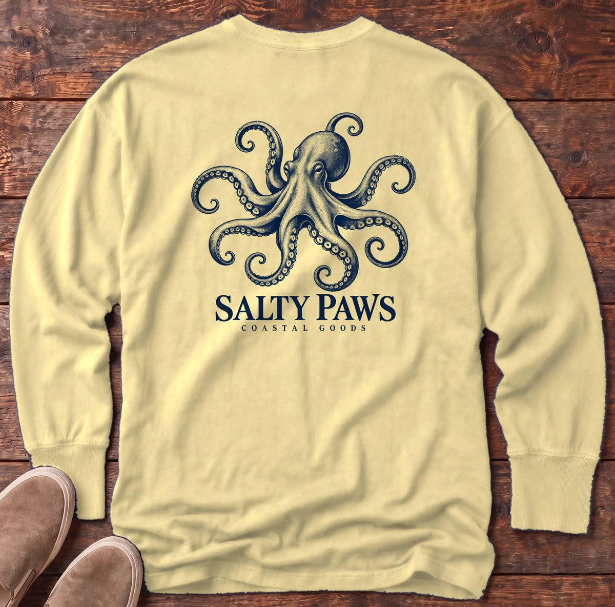 Octopus Coastal Goods Back Design Long Sleeve Tee in Butter, Salty Paws Comfort Colors Long Sleeve Tee, back design flat lay