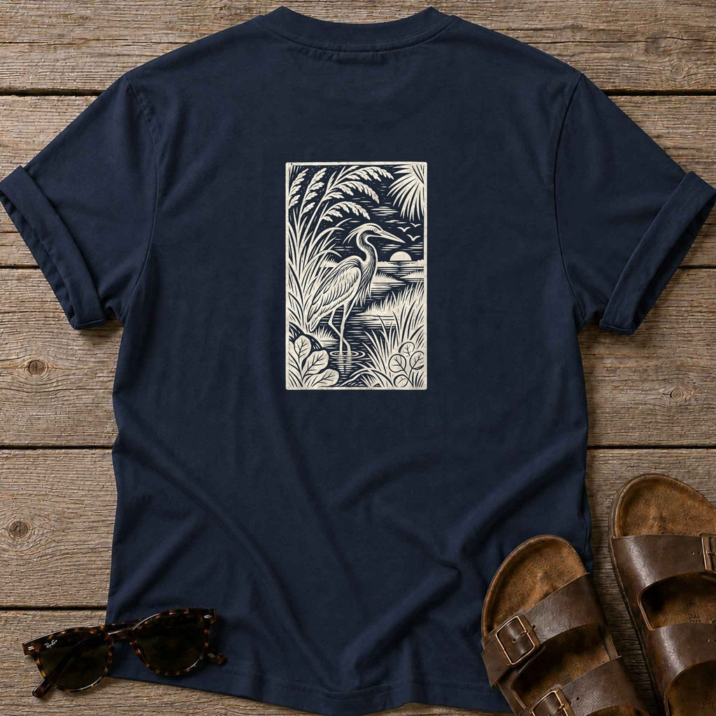 Heron Woodcut Back Design T-Shirt in Navy