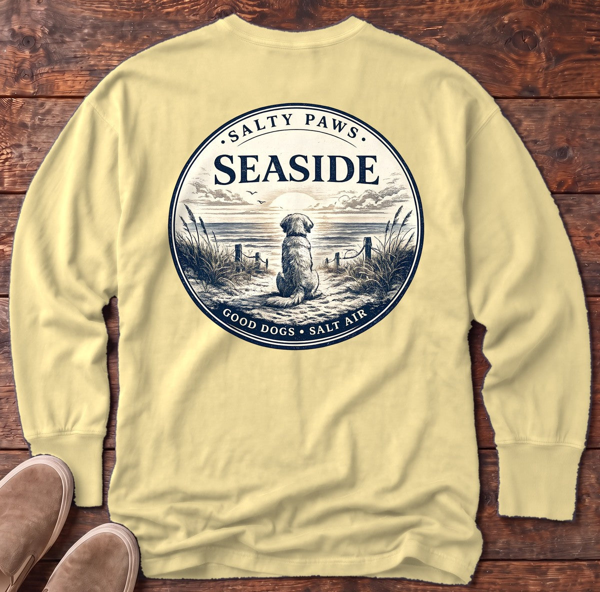 Seaside Good Dogs Back Design Long Sleeve Tee in Butter, Salty Paws Comfort Colors long sleeve tee