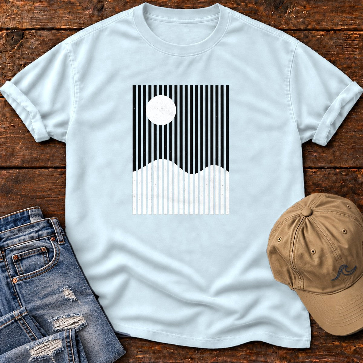 Ocean Sun Stripes T-Shirt in Chambray, Salty Paws Comfort Colors T-Shirt, front design flat lay