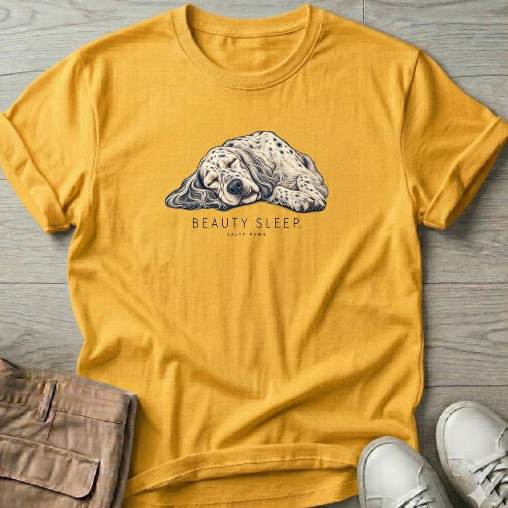 Beauty Sleep English Setter T-Shirt in Daisy, Salty Paws T-Shirt, front design flat lay