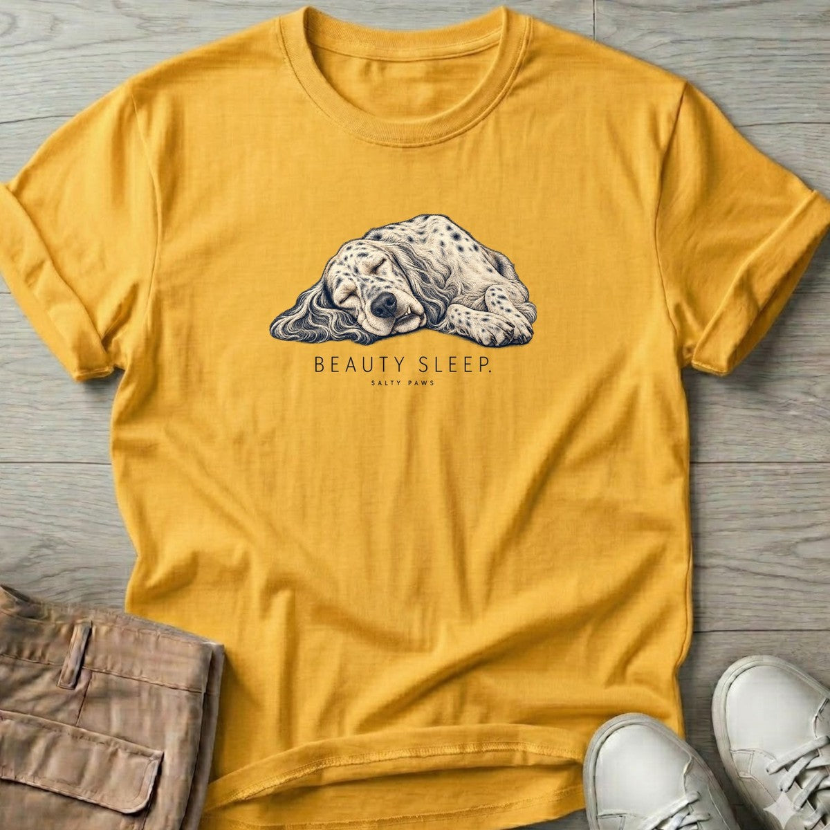 Beauty Sleep English Setter T-Shirt in Daisy, Salty Paws T-Shirt, front design flat lay