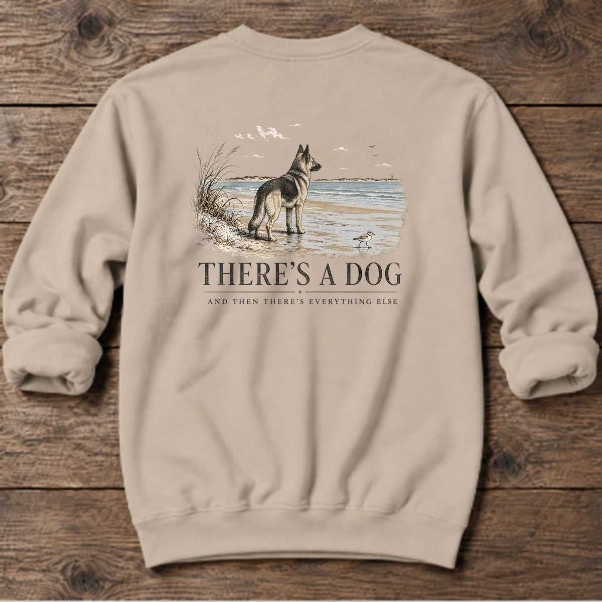 There's a Dog Shepherd Back Design Midweight Sweatshirt in Sand, Salty Paws coastal sweatshirt