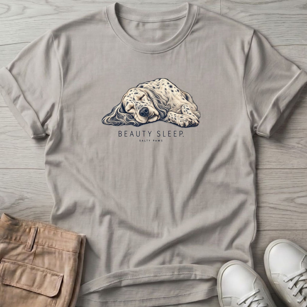 Beauty Sleep English Setter T-Shirt in Ice Grey, Salty Paws T-Shirt, front design flat lay