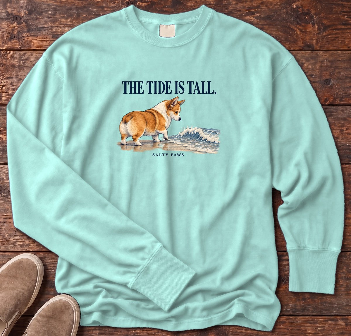 The Tide Is Tall Corgi Long Sleeve Tee in Chalky Mint, Salty Paws Comfort Colors Long Sleeve Tee, front design flat lay
