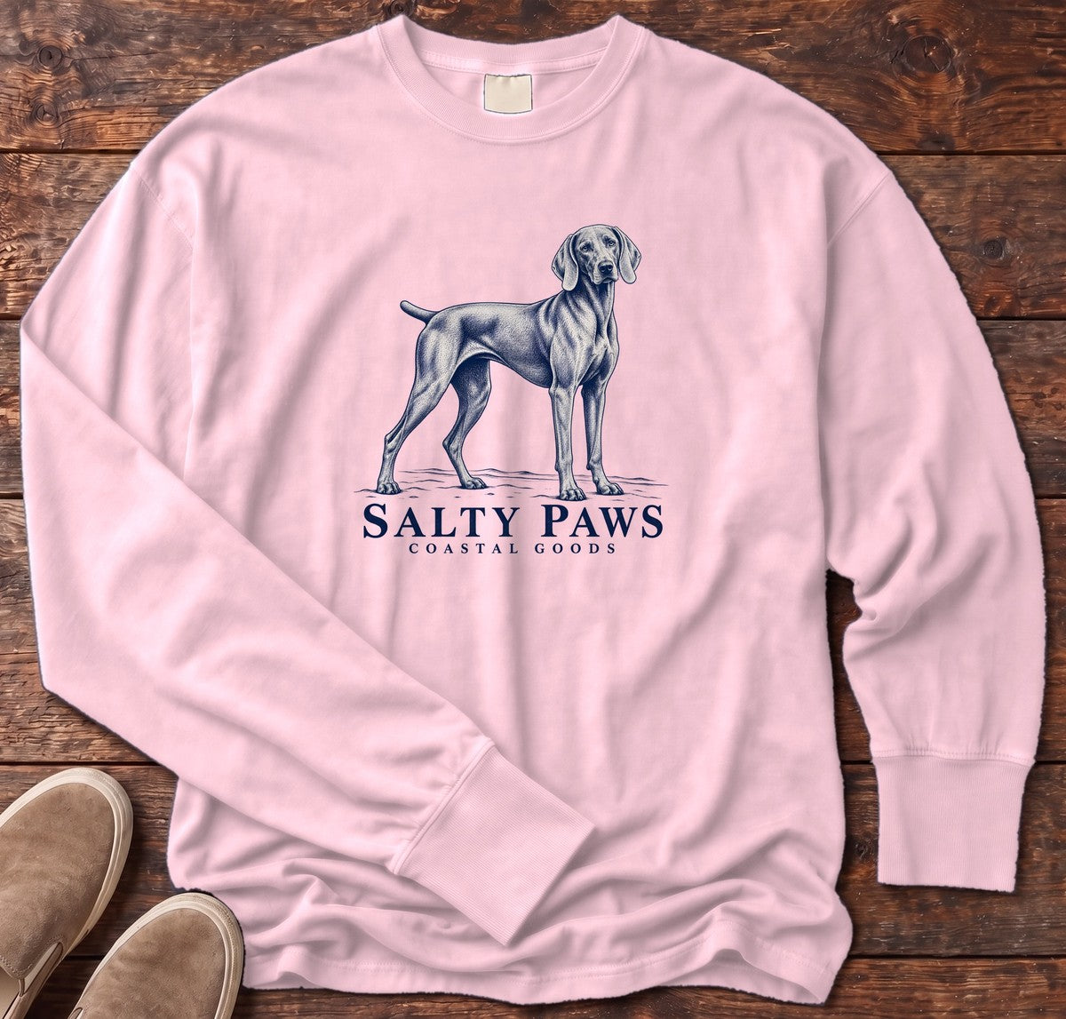 Weimaraner Coastal Goods Long Sleeve Tee in Blossom, Salty Paws Comfort Colors Long Sleeve Tee, front design flat lay