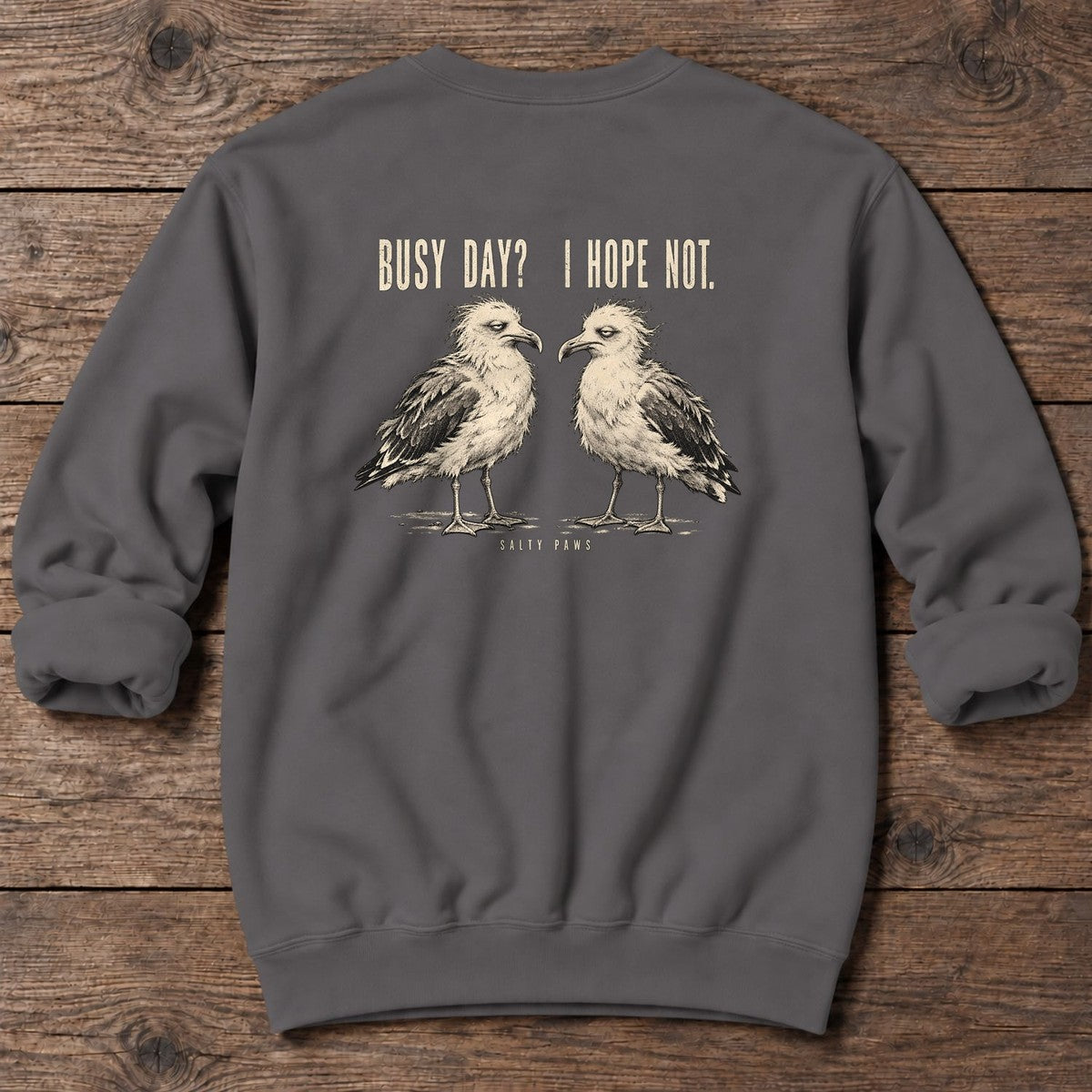 Busy Day Gulls Back Design Midweight Sweatshirt in Charcoal, Salty Paws Midweight Sweatshirt, back design flat lay