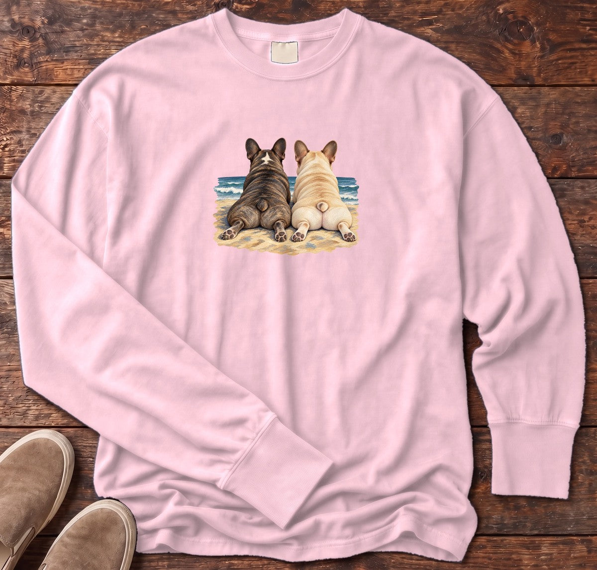 Two French Bulldogs at the Ocean Long Sleeve Tee in Blossom, Salty Paws Comfort Colors Long Sleeve Tee, front design flat lay
