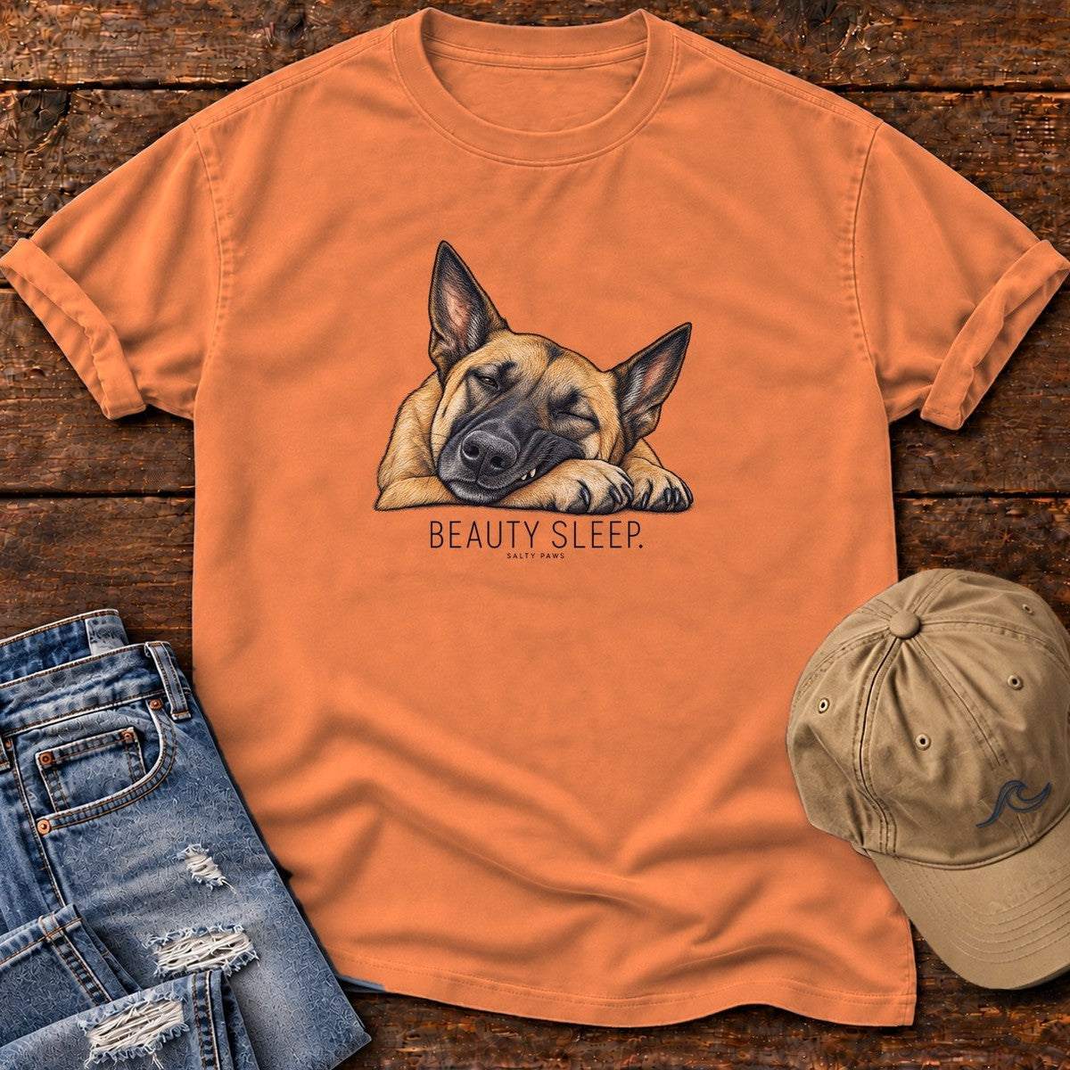 Beauty Sleep Belgian Malinois T-Shirt in Burnt Orange, Salty Paws Comfort Colors T-Shirt, front design flat lay