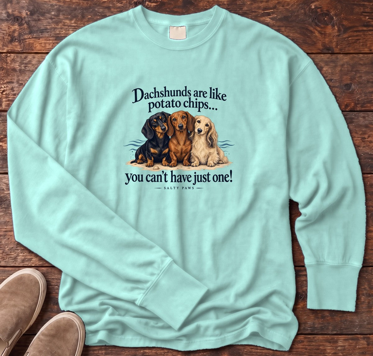 Dachshunds Are Like Potato Chips Long Sleeve Tee in Chalky Mint, Salty Paws Comfort Colors Long Sleeve Tee, front design flat lay