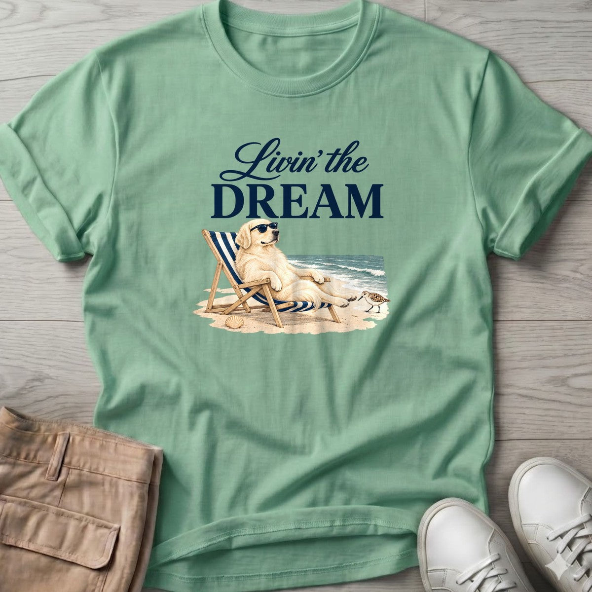 Livin' the Dream Cream Retriever T-Shirt in Mint Green, Salty Paws coastal t-shirt