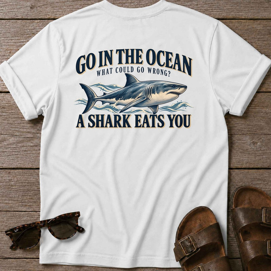 Go in the Ocean Shark Back Design T-Shirt in White, Salty Paws T-Shirt, back design flat lay