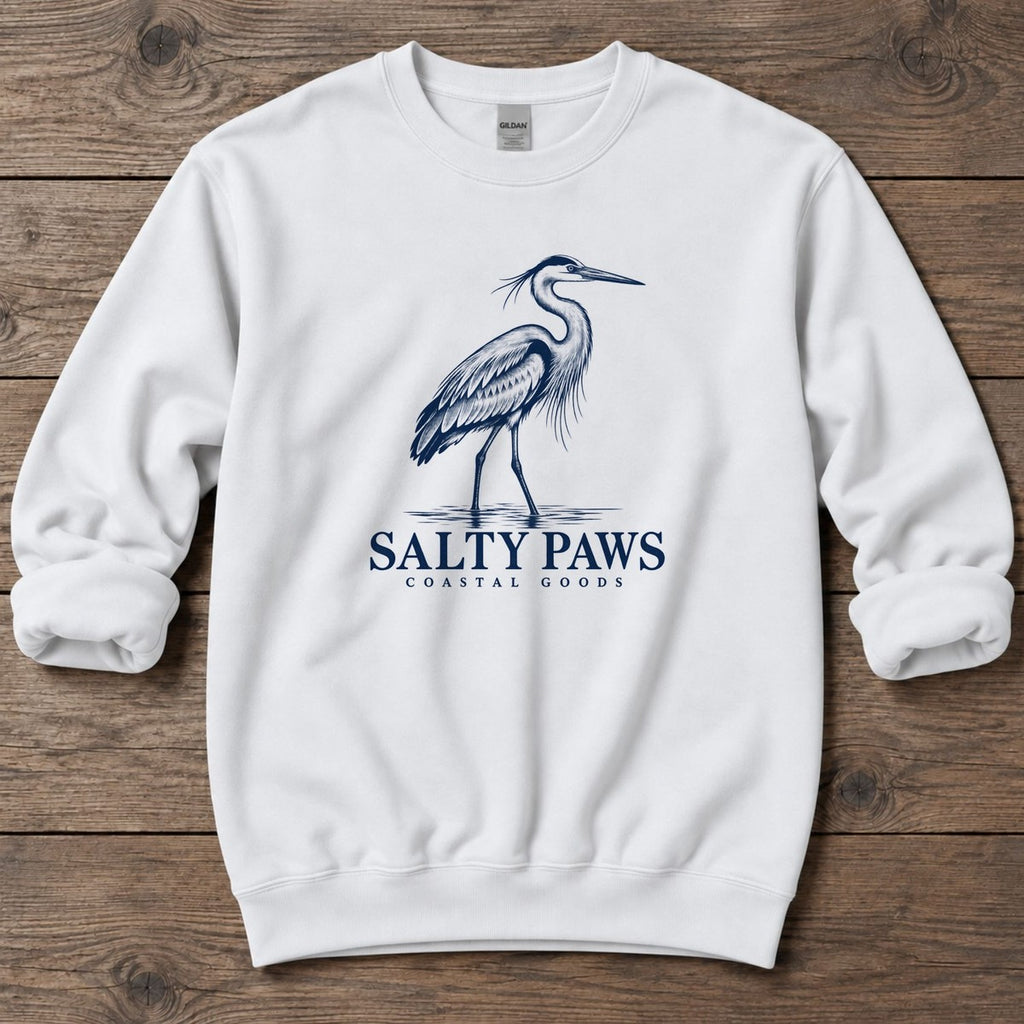 Great Blue Heron Coastal Goods Midweight Sweatshirt in White, Salty Paws Midweight Sweatshirt, front design flat lay