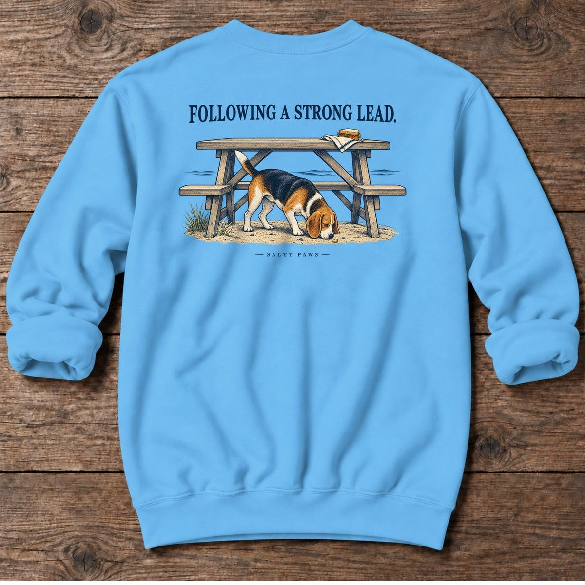 Following a Strong Lead Beagle Back Design Midweight Sweatshirt in Sky, Salty Paws Midweight Sweatshirt, back design flat lay