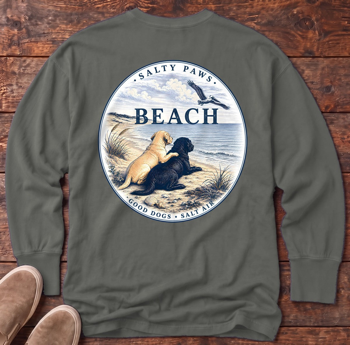 BEACH Pelican Labradors Back Design Long Sleeve Tee in Pepper, Salty Paws Comfort Colors long sleeve tee