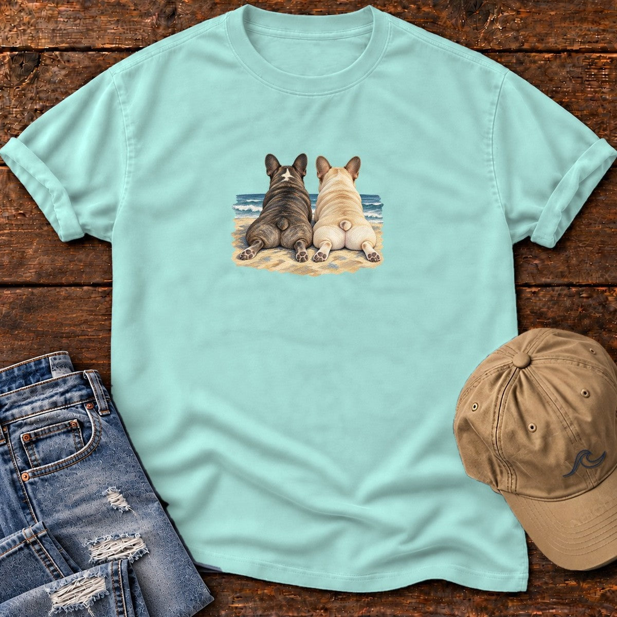 Two French Bulldogs at the Ocean T-Shirt in Chalky Mint, Salty Paws Comfort Colors T-Shirt, front design flat lay