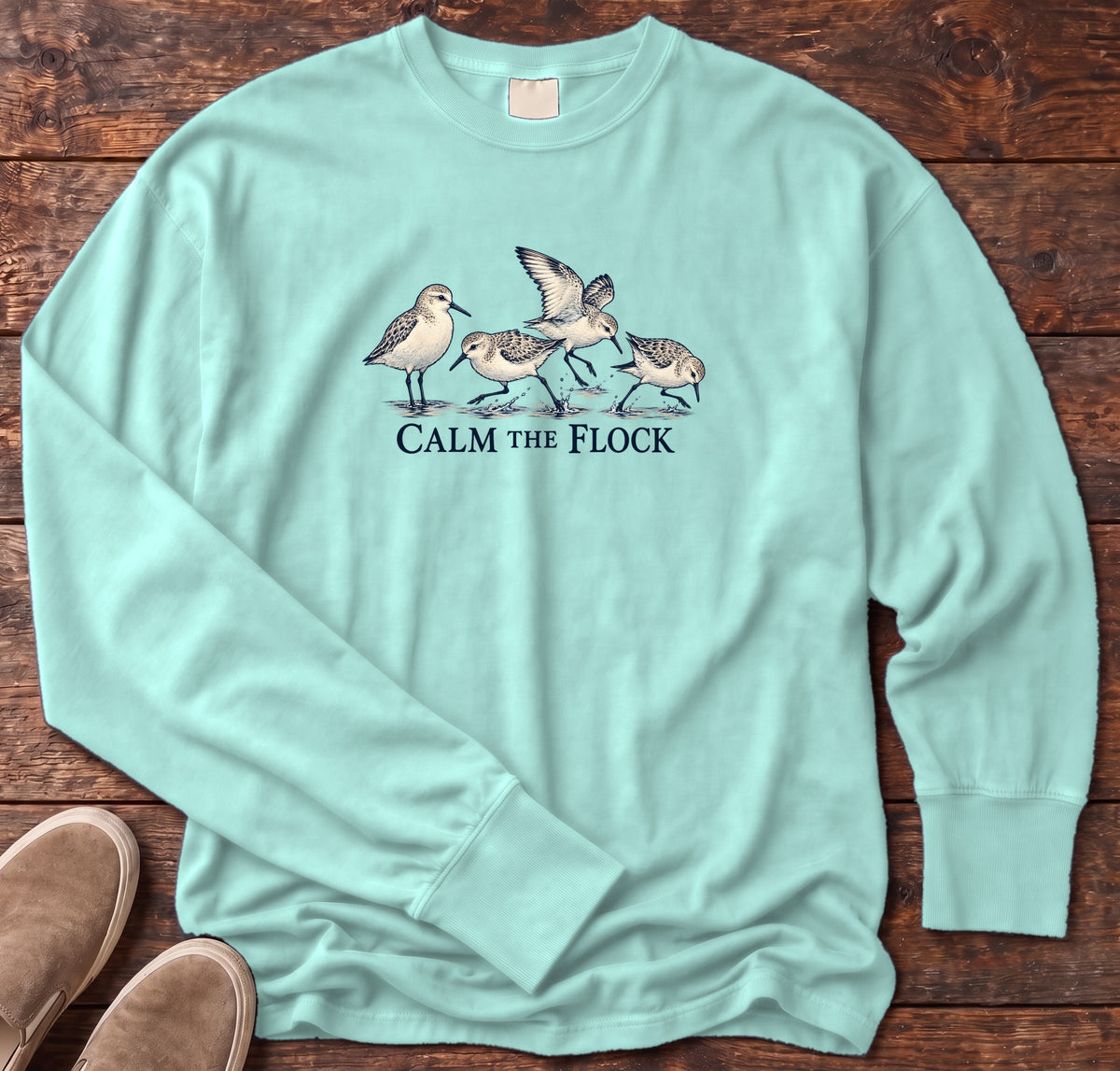 Calm the Flock Sandpipers Long Sleeve Tee in Chalky Mint, Salty Paws Comfort Colors Long Sleeve Tee, front design flat lay
