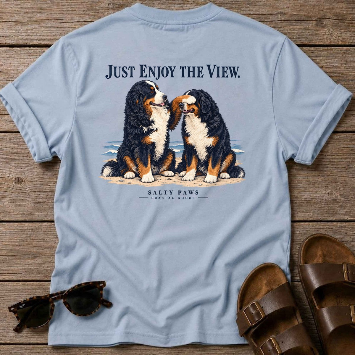 Just Enjoy the View Bernese Back Design T-Shirt in Light Blue, Salty Paws T-Shirt, back design flat lay