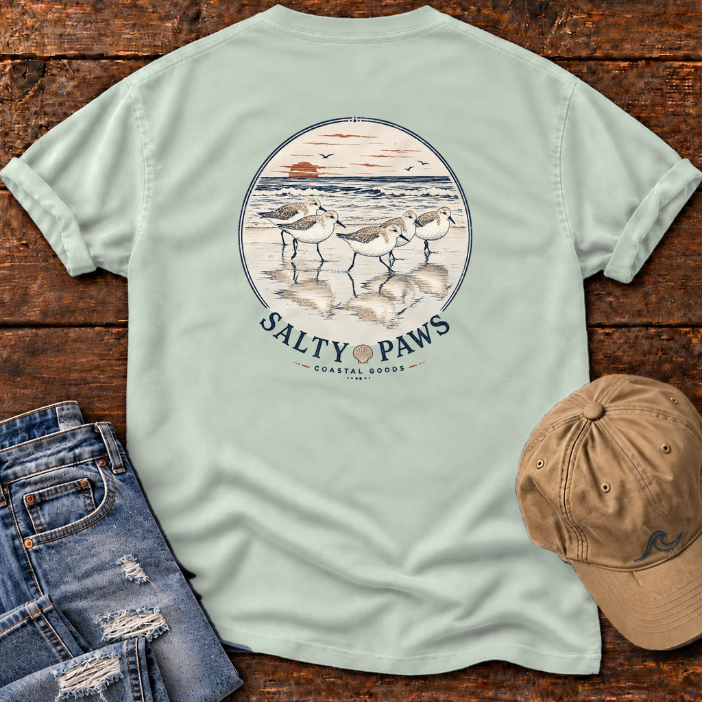 5 Sandpipers Back Design T-Shirt in Bay, Salty Paws Comfort Colors T-Shirt, back design flat lay
