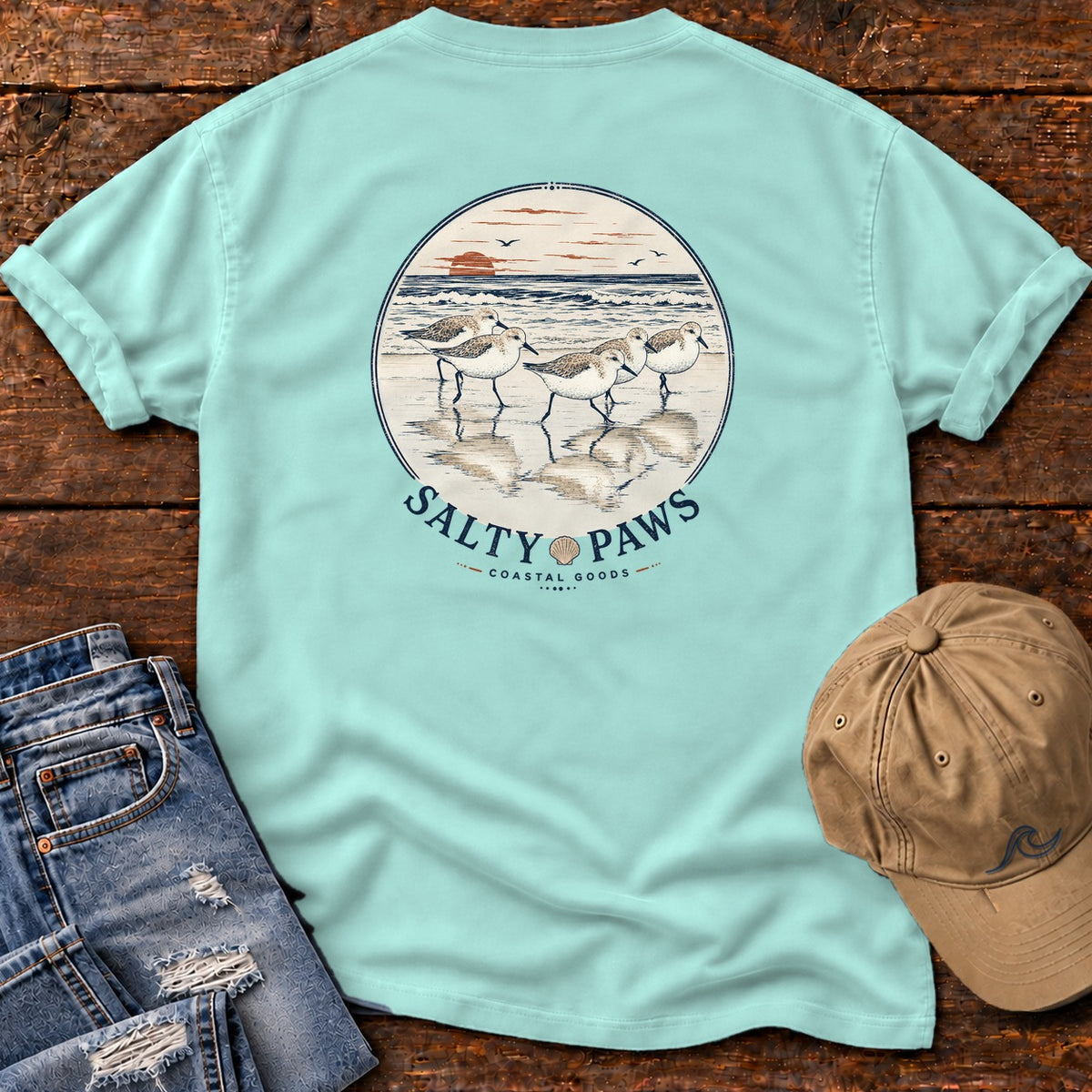 5 Sandpipers Back Design T-Shirt in Chalky Mint, Salty Paws Comfort Colors T-Shirt, back design flat lay