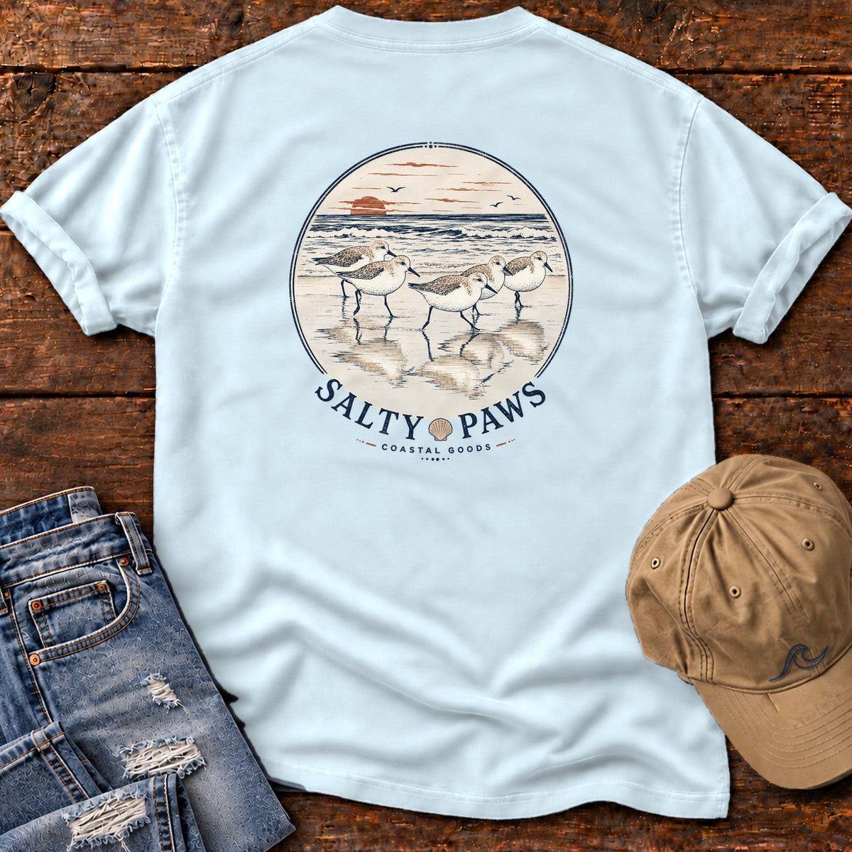 5 Sandpipers Back Design T-Shirt in Chambray, Salty Paws Comfort Colors T-Shirt, back design flat lay