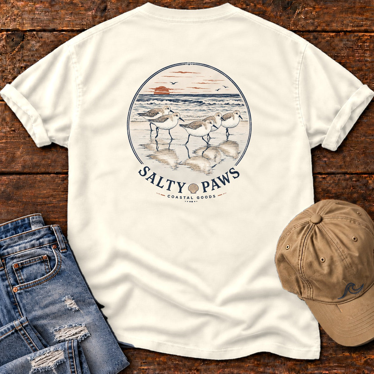 5 Sandpipers Back Design T-Shirt in Ivory, Salty Paws Comfort Colors T-Shirt, back design flat lay