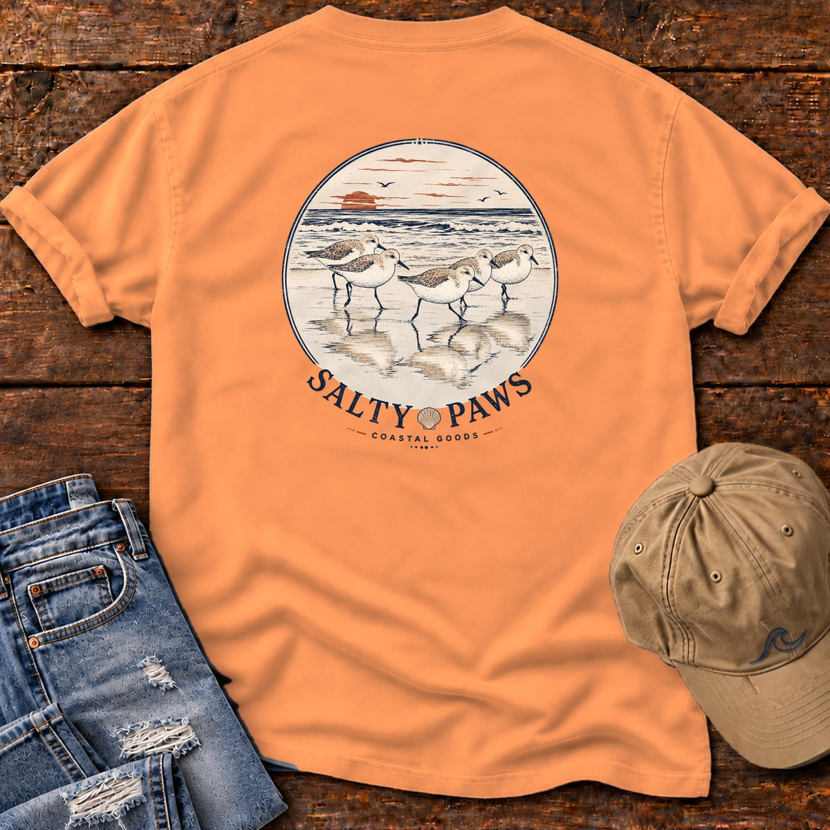 5 Sandpipers Back Design T-Shirt in Melon, Salty Paws Comfort Colors T-Shirt, back design flat lay