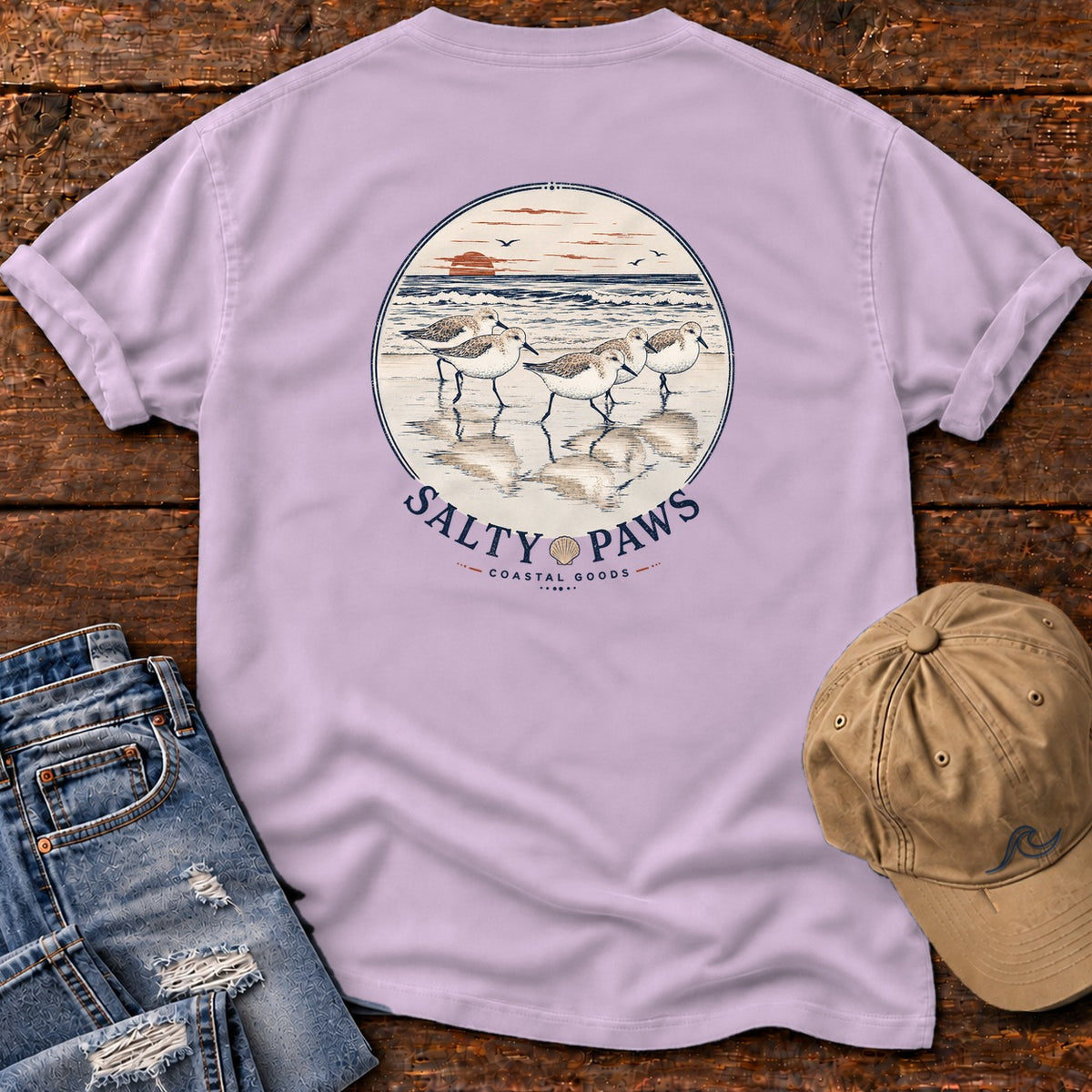 5 Sandpipers Back Design T-Shirt in Orchid, Salty Paws Comfort Colors T-Shirt, back design flat lay