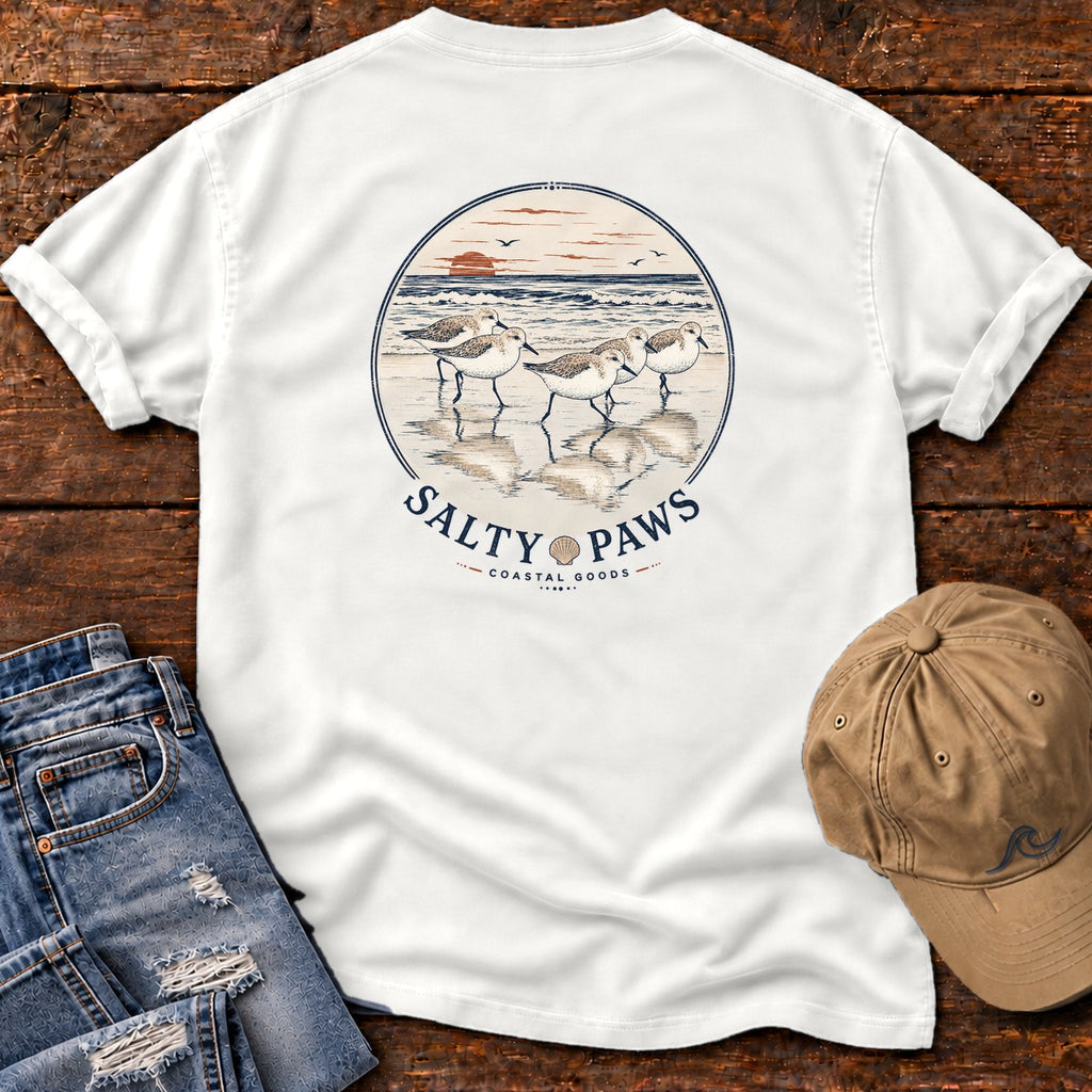 5 Sandpipers Back Design T-Shirt in White, Salty Paws Comfort Colors T-Shirt, back design flat lay
