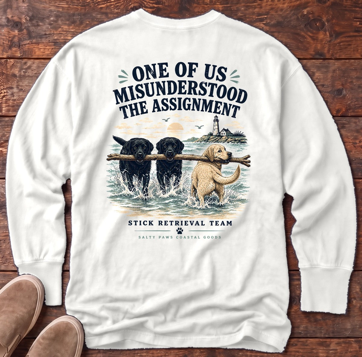 Misunderstood Assignment Labs Fetch Back Design Long Sleeve Tee in White, Salty Paws Comfort Colors long sleeve tee
