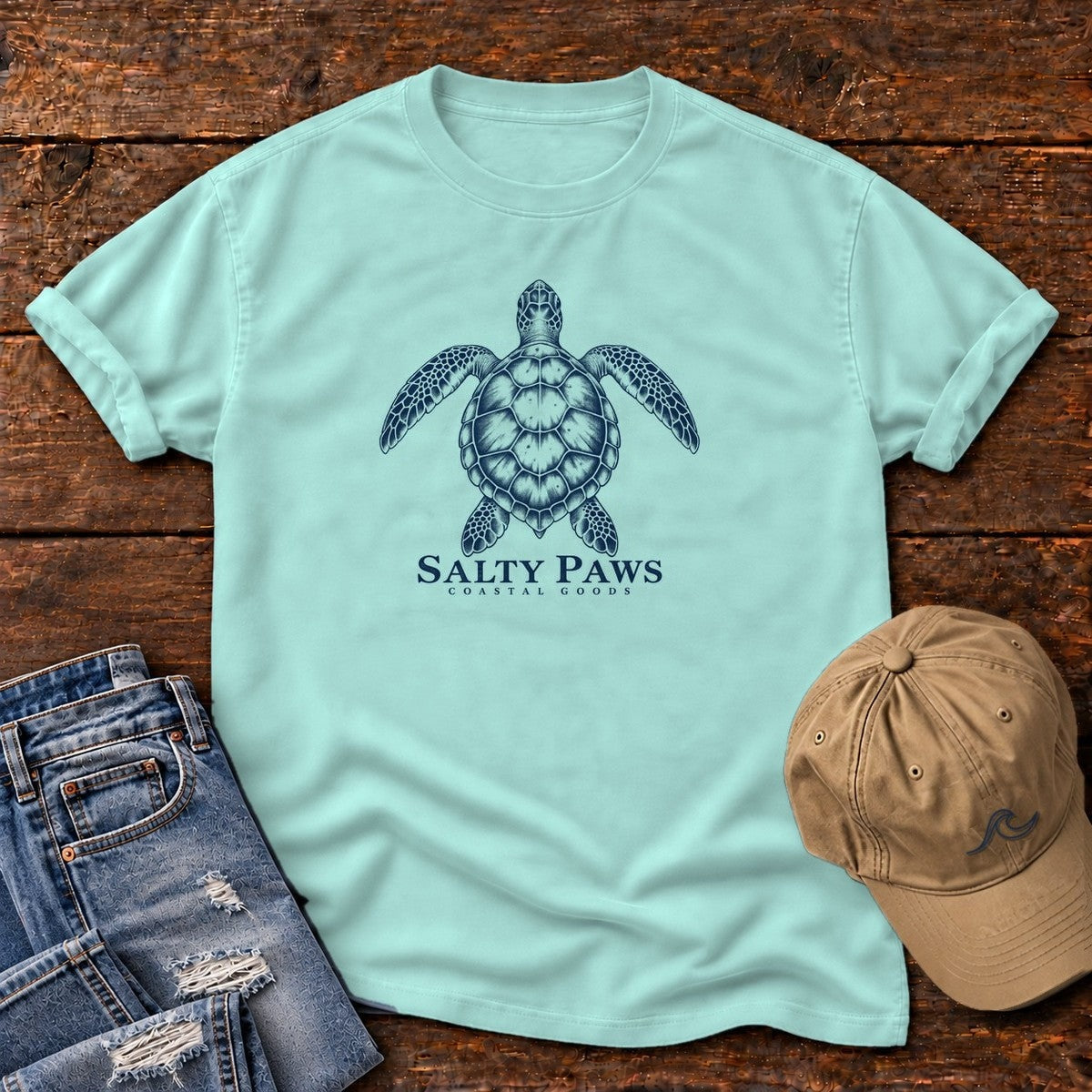 Sea Turtle Coastal Goods T-Shirt in Chalky Mint, Salty Paws Comfort Colors T-Shirt, front design flat lay