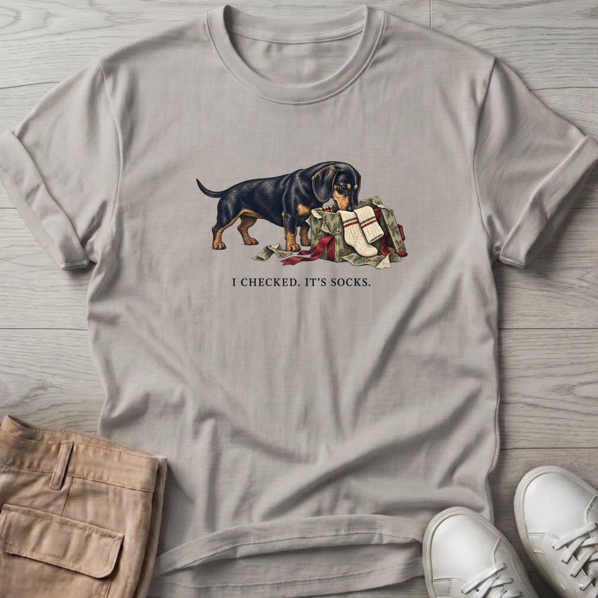 I Checked It's Socks Dachshund T-Shirt in Ice Grey, Salty Paws T-Shirt, front design flat lay