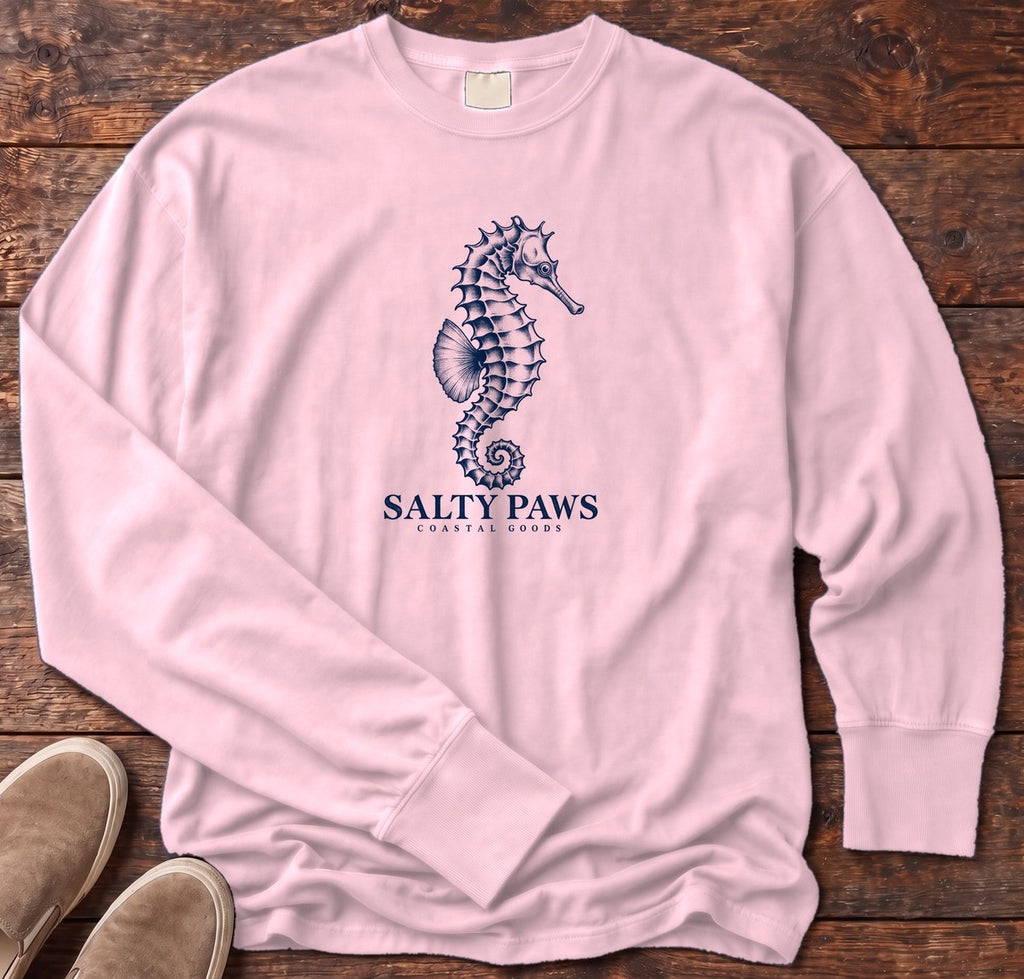 Seahorse Coastal Goods Long Sleeve Tee in Blossom, Salty Paws Comfort Colors Long Sleeve Tee, front design flat lay