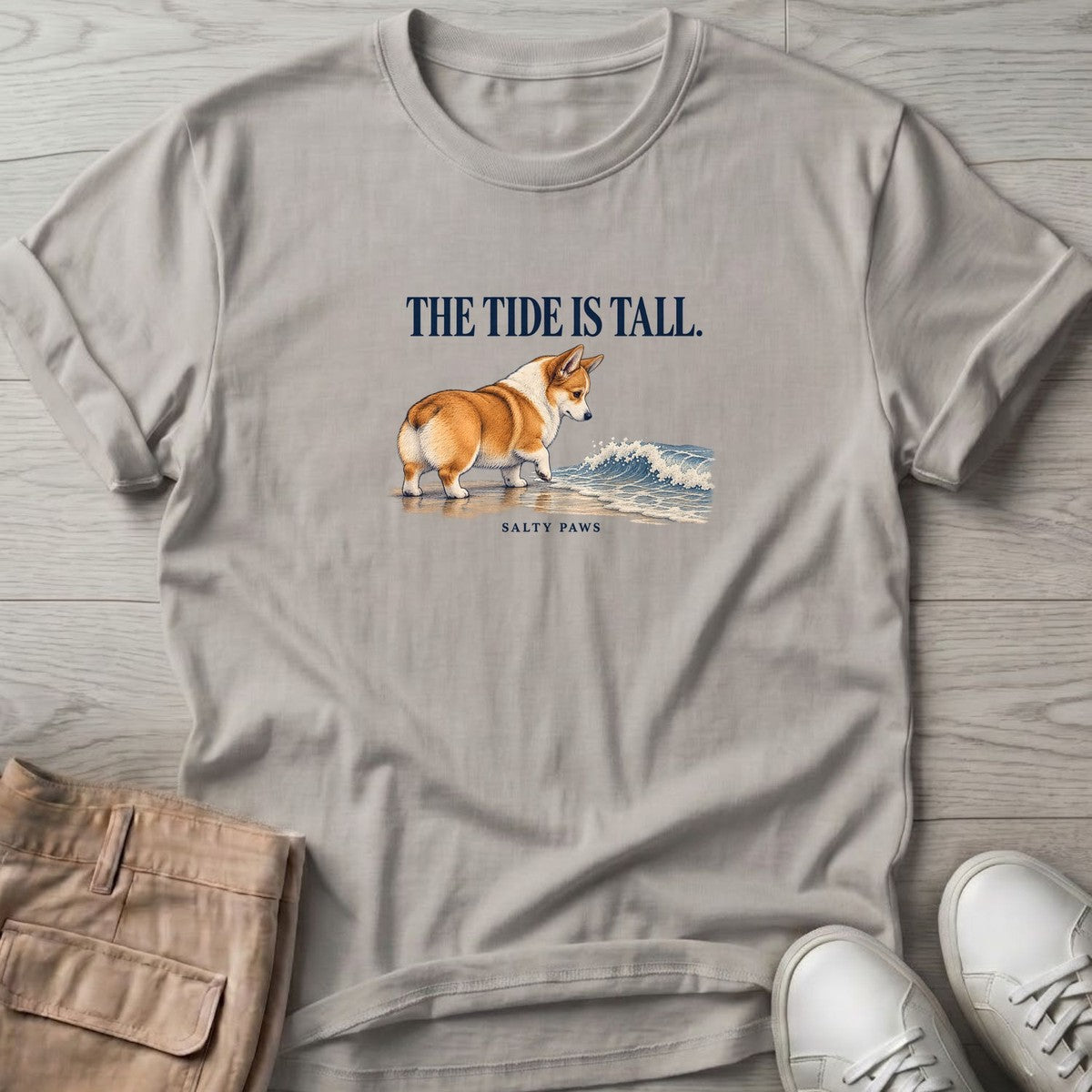 The Tide Is Tall Corgi T-Shirt in Ice Grey, Salty Paws T-Shirt, front design flat lay
