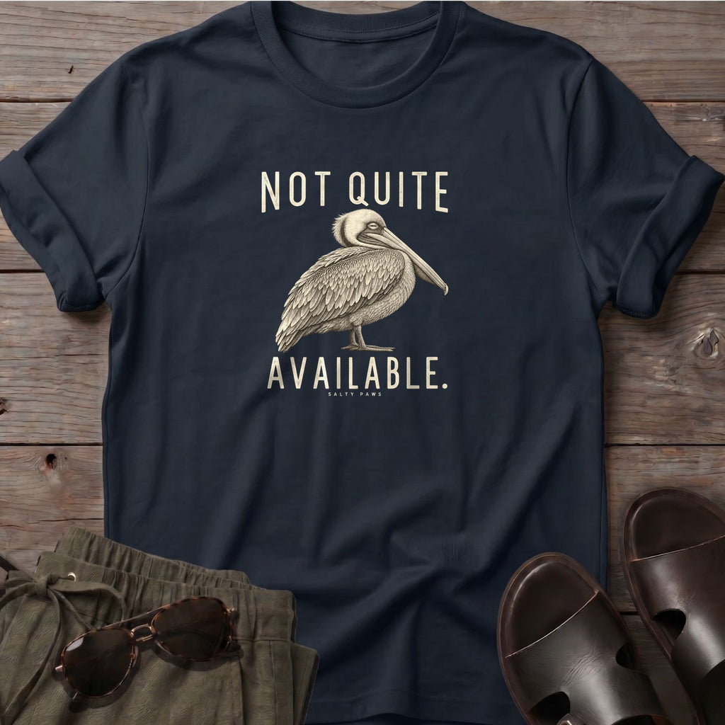 Not Quite Available Pelican T-Shirt in Black, Salty Paws T-Shirt, front design flat lay