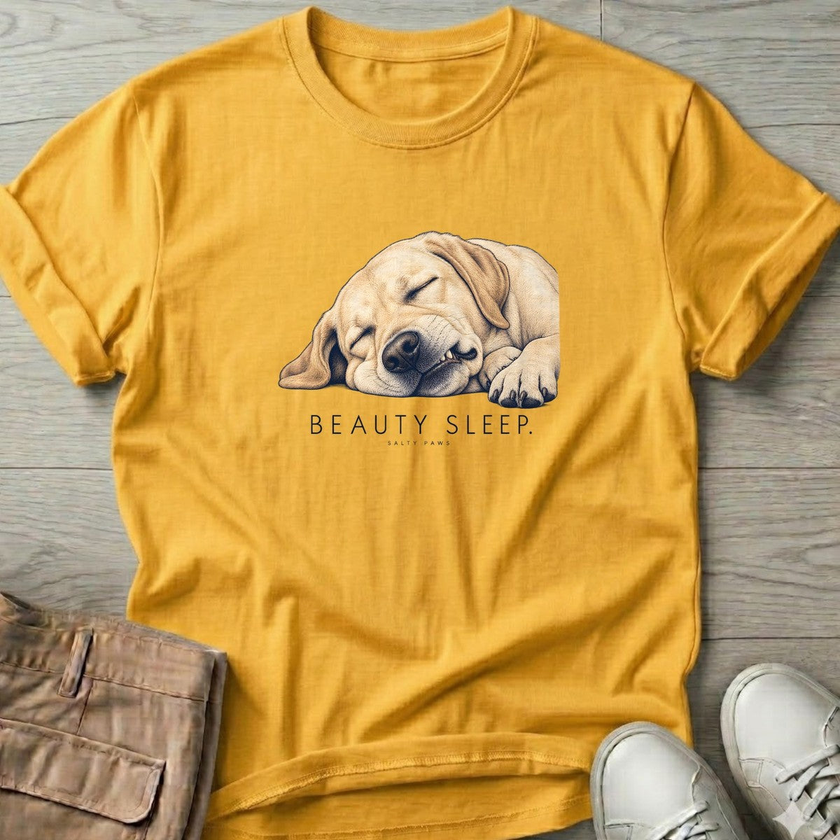Beauty Sleep Labrador T-Shirt in Daisy, Salty Paws T-Shirt, front design flat lay