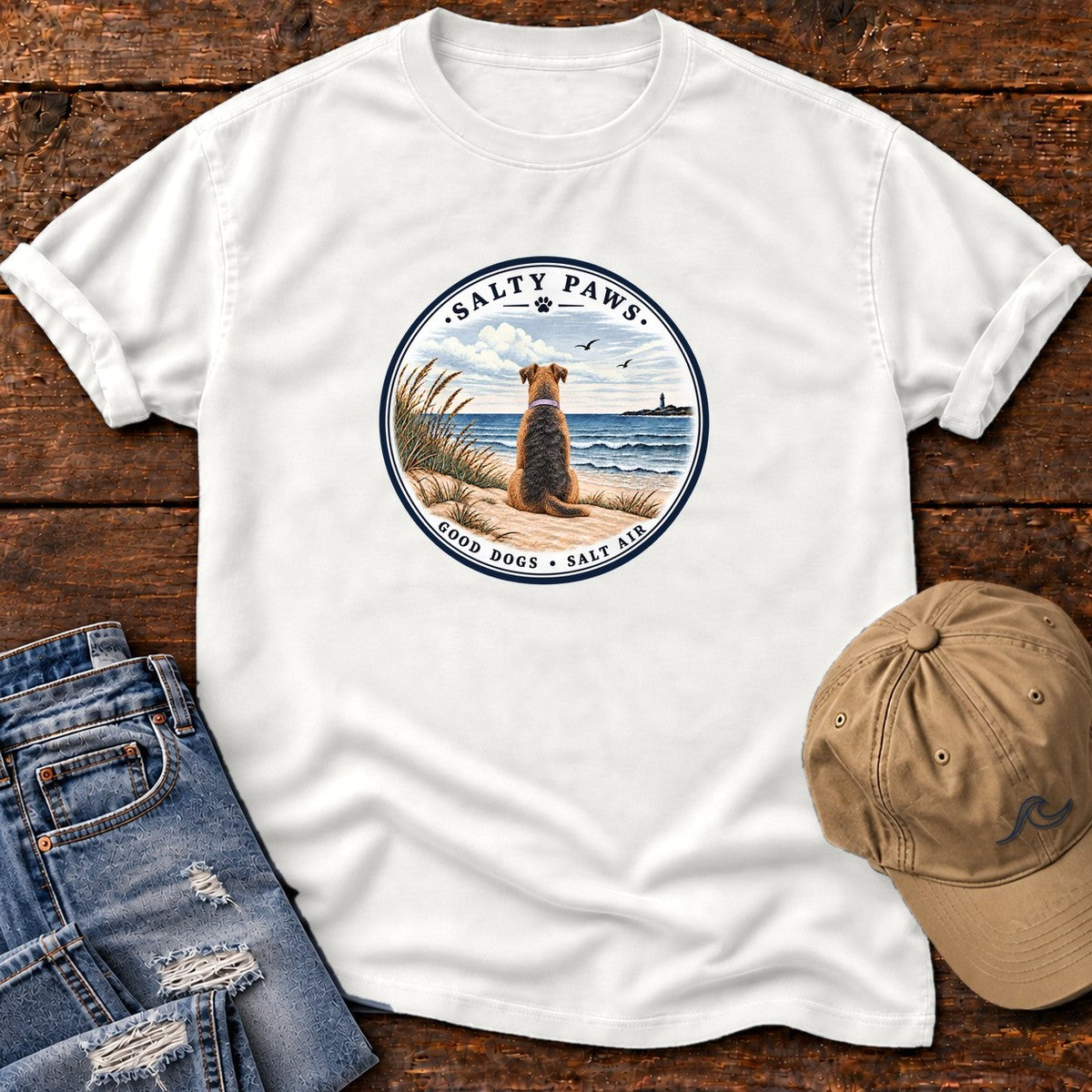 Good Dogs Salt Air Airedale T-Shirt in White, Salty Paws Comfort Colors T-Shirt, front design flat lay