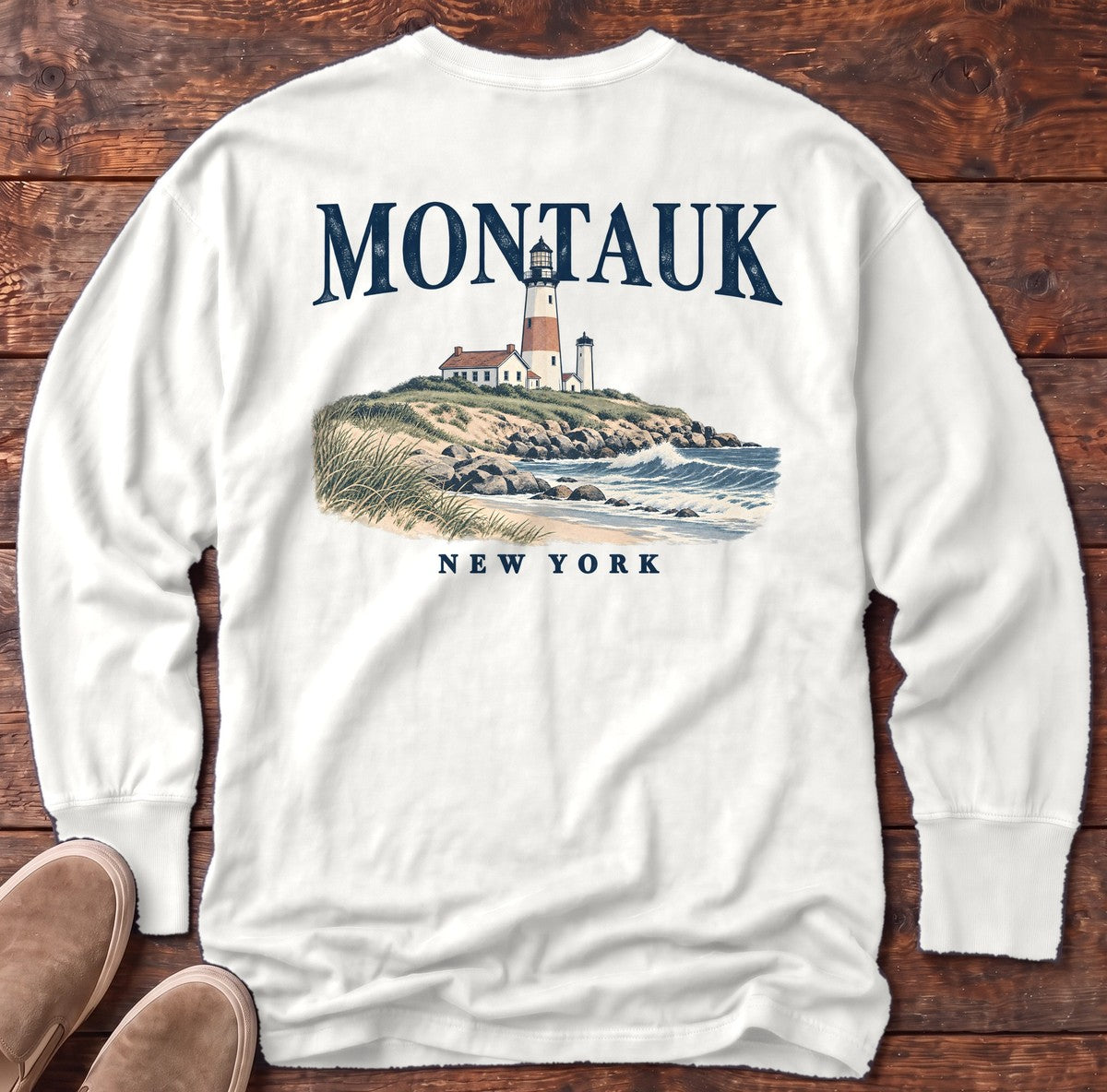 Montauk Lighthouse New York Back Design Long Sleeve Tee in White, Salty Paws Comfort Colors Long Sleeve Tee, back design flat lay