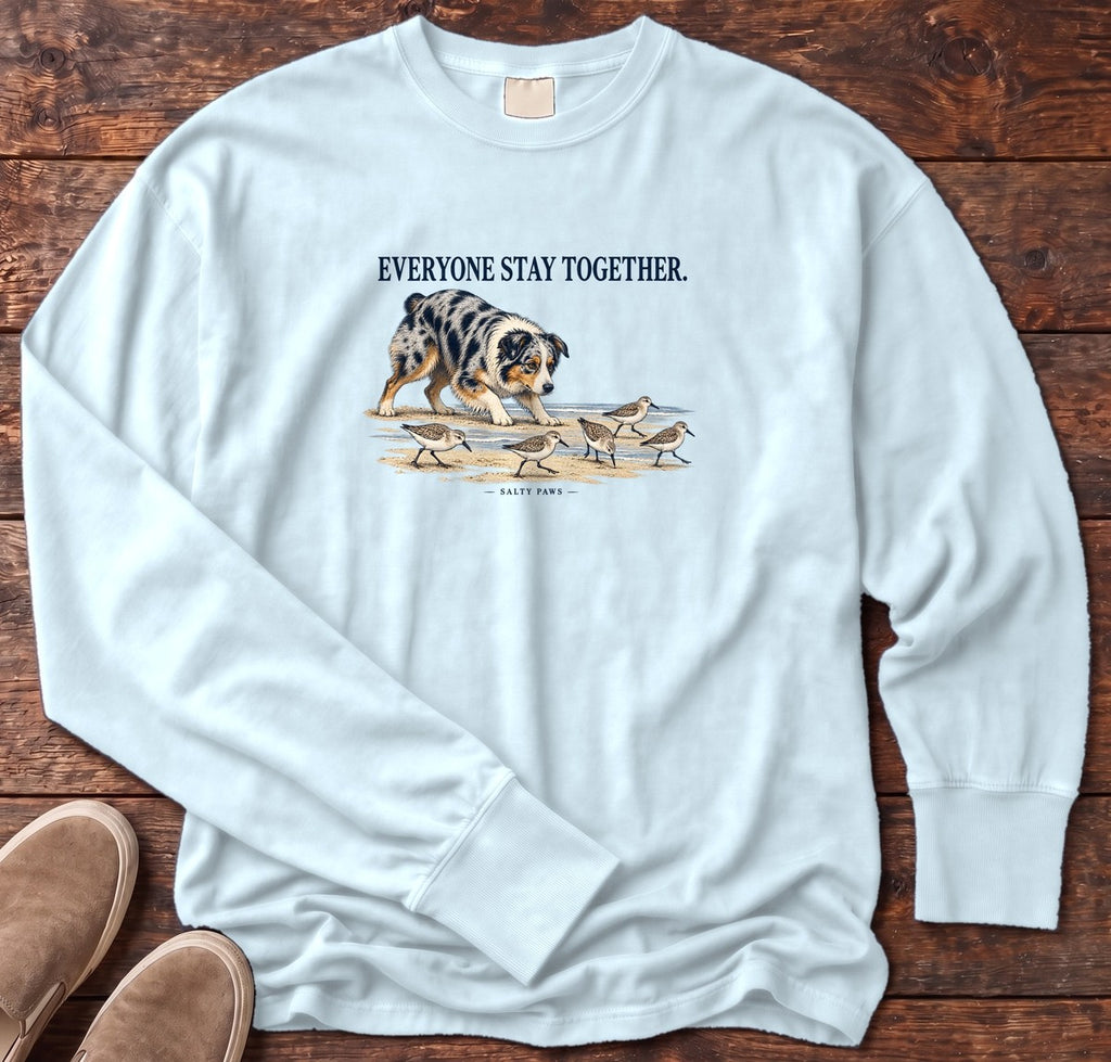 Everyone Stay Together Australian Shepherd Long Sleeve Tee in Chambray, Salty Paws Comfort Colors Long Sleeve Tee, front design flat lay