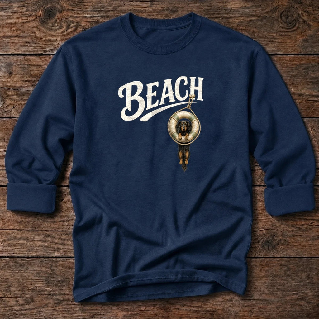 Beach Doxie Tube T-Shirt in Dark Navy, Salty Paws coastal long sleeve tee