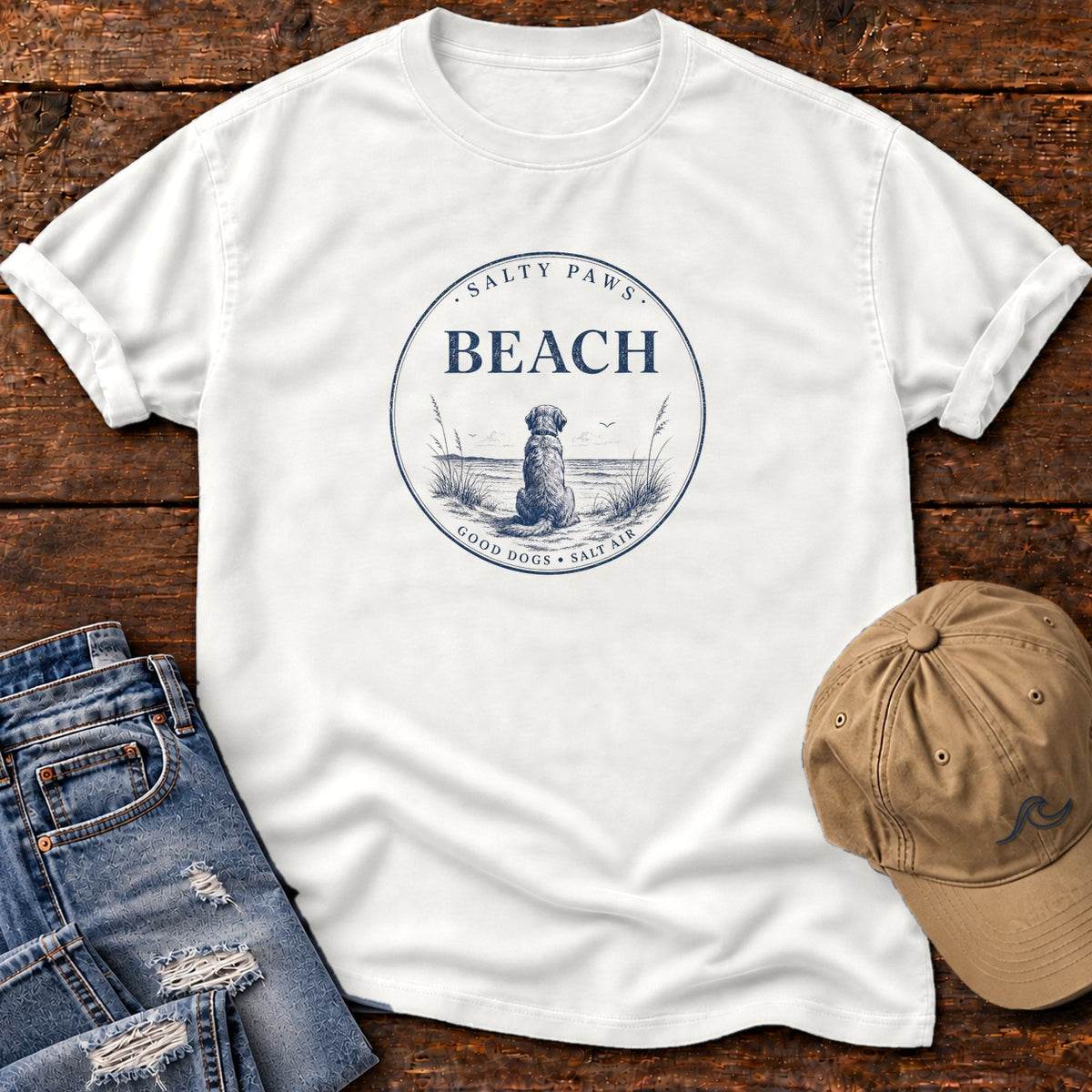 Beach Good Dogs Salt Air Comfort Colors T-Shirt in White, front design flat lay