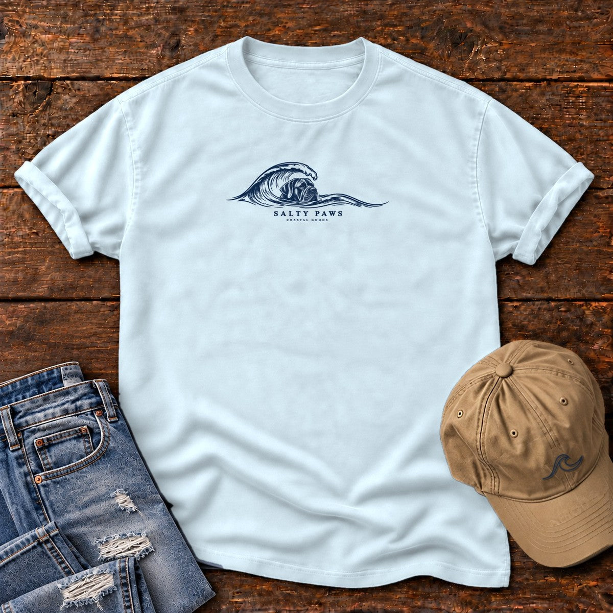 Cane Corso Wave T-Shirt in Chambray, Salty Paws Comfort Colors T-Shirt, front design flat lay